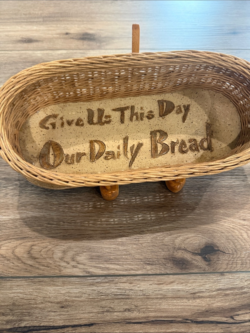 Pottery Wicker Bread Basket - "Our Daily Bread" with stand